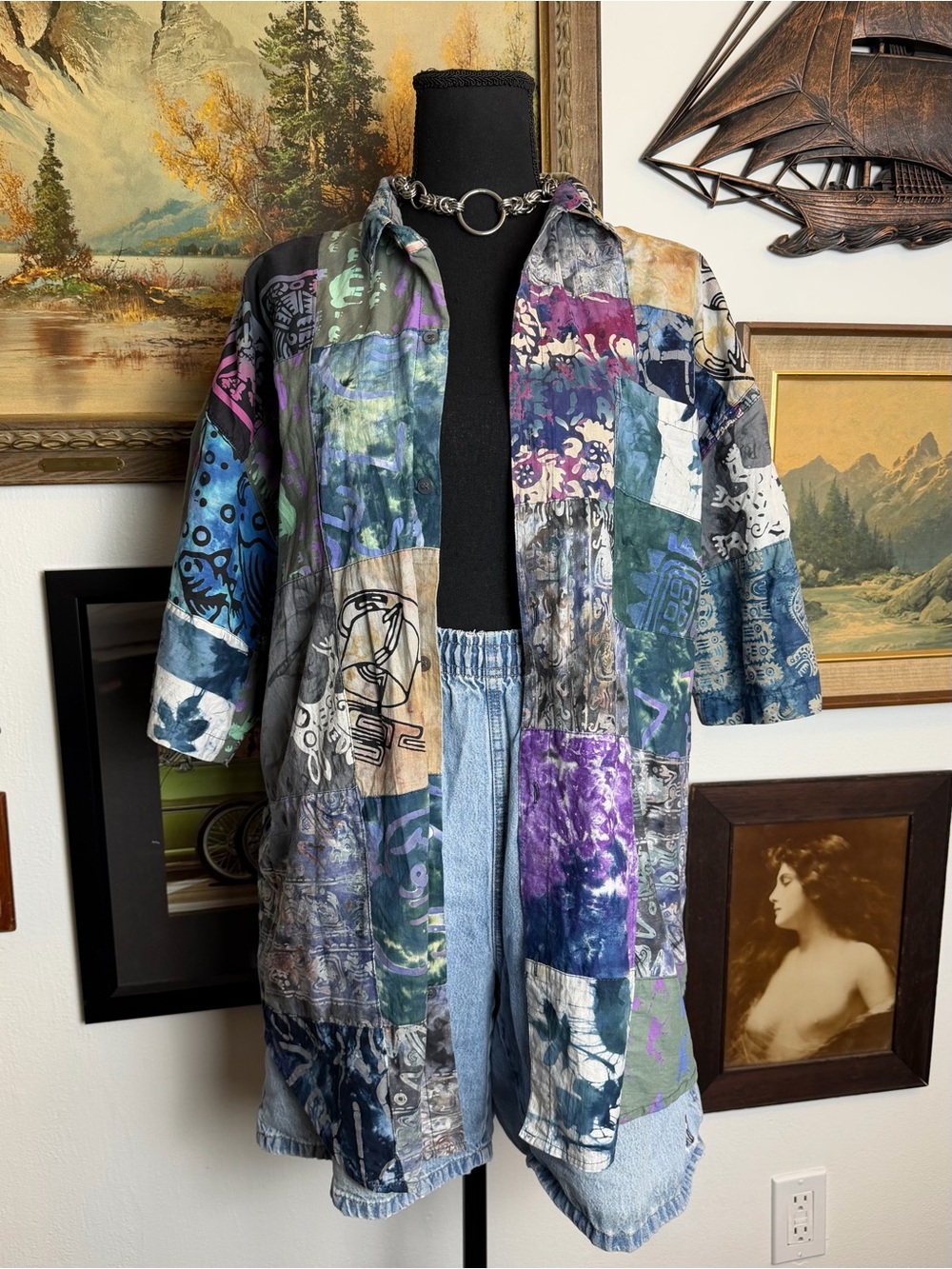 Vintage Hand-Dyed Patchwork Batik Style Cotton Button-Up Shirt